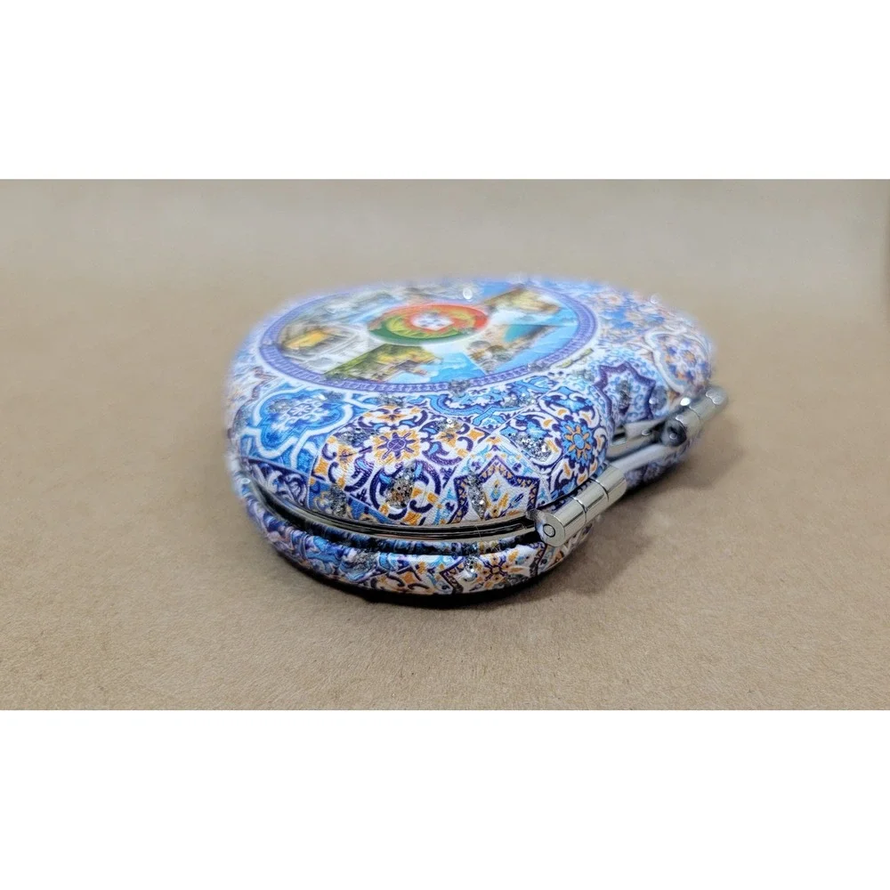 Portugal Souvenir Heart Compact Mirror Azulejo Tile Design Rhinestone Accents